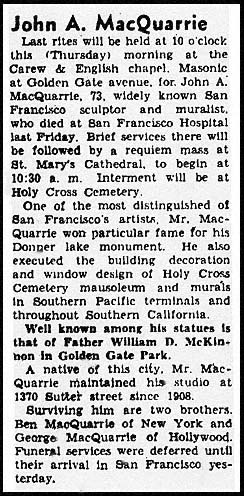 John McQuarrie, Obituary, San Francisco Chronicle, 11/30/1944. Courtesy of the G.J. 'Chris' Graves Collection.